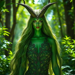 A tall, striking green woman with majestic horns adorning her head