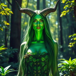 A tall, striking green woman with majestic horns adorning her head