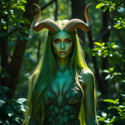 A tall, striking green woman with majestic horns adorning her head