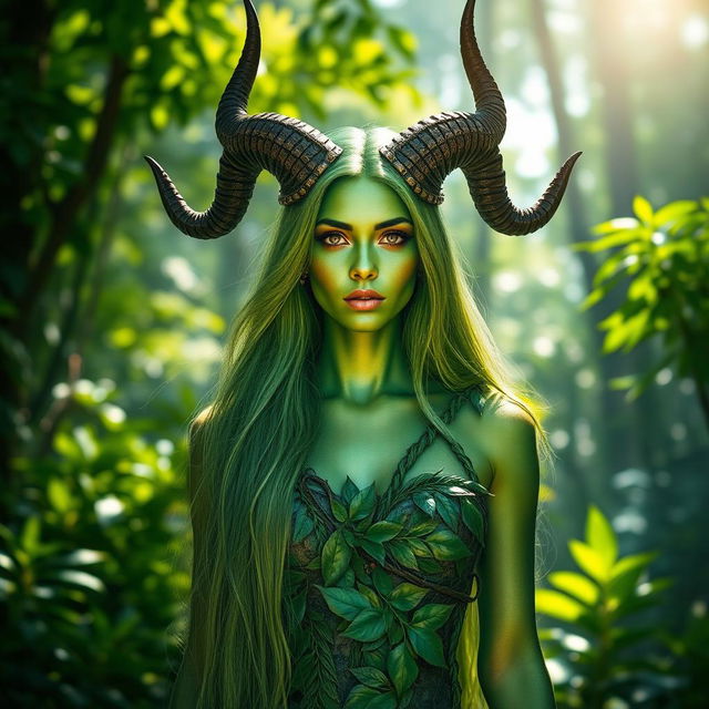 A tall, striking green woman with majestic horns adorning her head