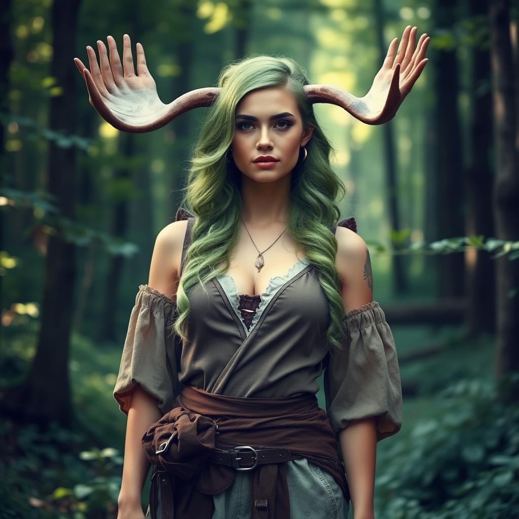 A tall woman with striking green hair styled in an elegant way, featuring impressive moose horns that curve gracefully from her head