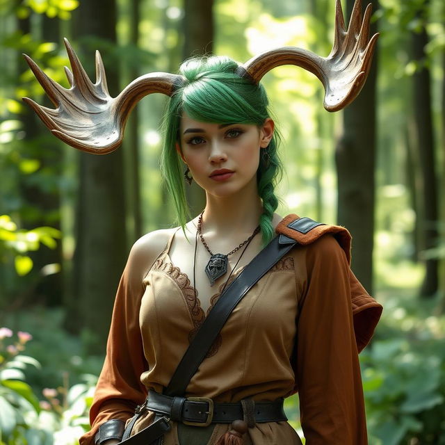 A tall woman with striking green hair styled in an elegant way, featuring impressive moose horns that curve gracefully from her head