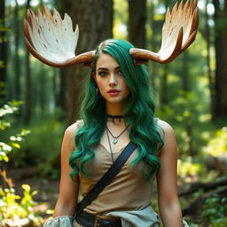 A tall woman with striking green hair styled in an elegant way, featuring impressive moose horns that curve gracefully from her head