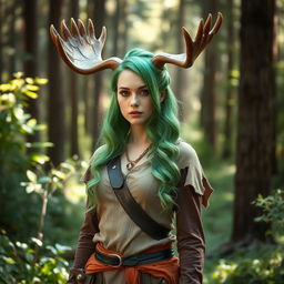 A tall woman with striking green hair styled in an elegant way, featuring impressive moose horns that curve gracefully from her head