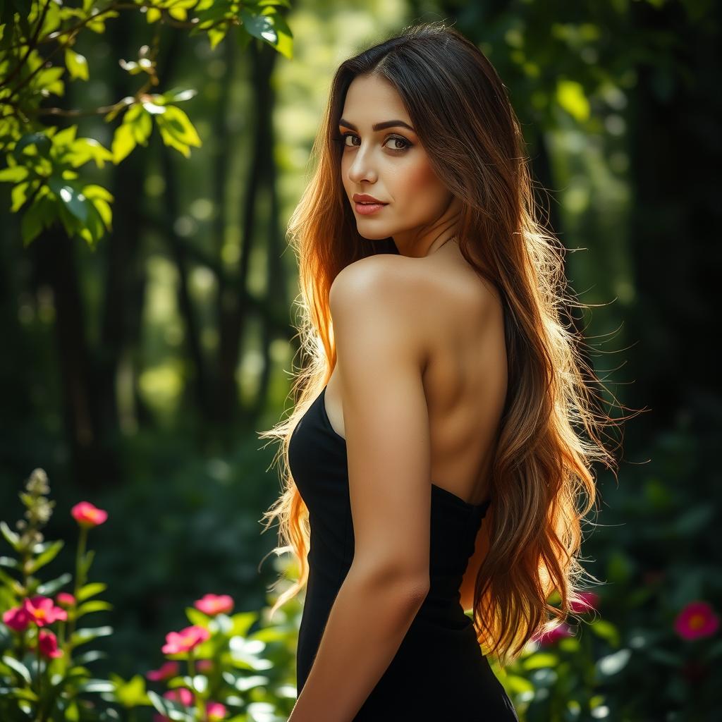 A beautiful woman with long flowing hair stands confidently against a backdrop of a lush forest, embodying elegance and grace