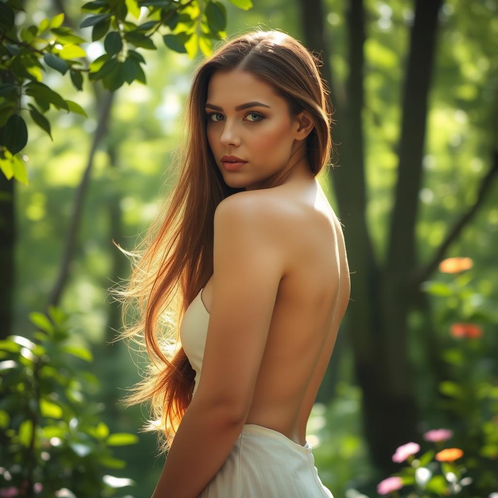 A beautiful woman with long flowing hair stands confidently against a backdrop of a lush forest, embodying elegance and grace