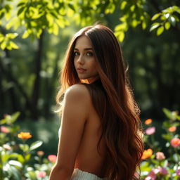 A beautiful woman with long flowing hair stands confidently against a backdrop of a lush forest, embodying elegance and grace