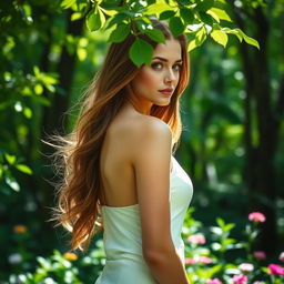 A beautiful woman with long flowing hair stands confidently against a backdrop of a lush forest, embodying elegance and grace