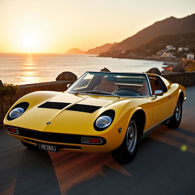 A stunning Lamborghini Miura roadster, displaying its classic and elegant design with a vibrant yellow color that accentuates its sleek curves and iconic silhouette