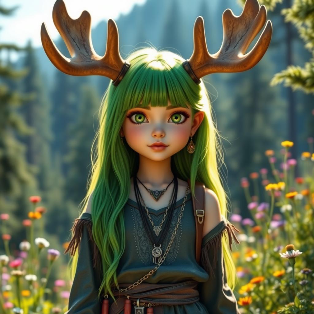 A tall girl with striking green hair and prominent moose horns, standing confidently in a vibrant forest landscape