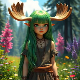 A tall girl with striking green hair and prominent moose horns, standing confidently in a vibrant forest landscape