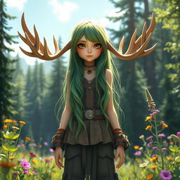 A tall girl with striking green hair and prominent moose horns, standing confidently in a vibrant forest landscape