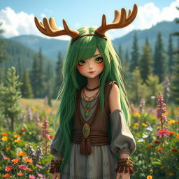 A tall girl with striking green hair and prominent moose horns, standing confidently in a vibrant forest landscape