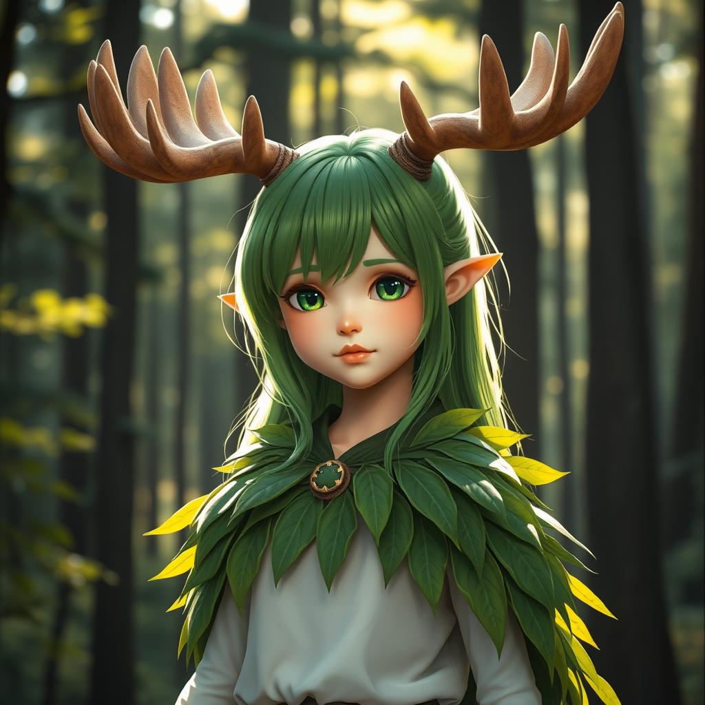 A tall girl with vibrant green hair, adorned with majestic moose horns on her head