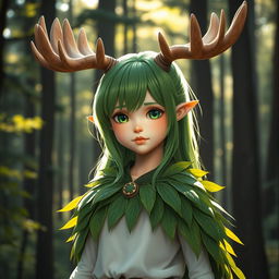 A tall girl with vibrant green hair, adorned with majestic moose horns on her head