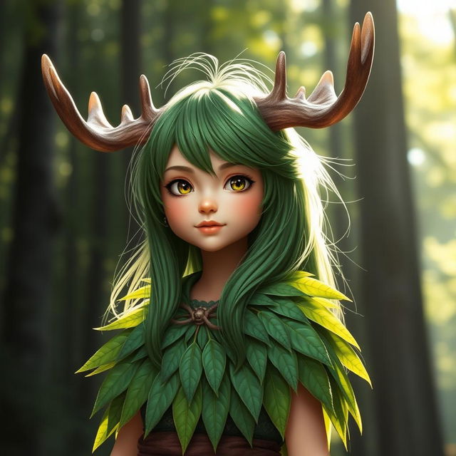 A tall girl with vibrant green hair, adorned with majestic moose horns on her head