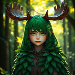 A tall girl with vibrant green hair, adorned with majestic moose horns on her head