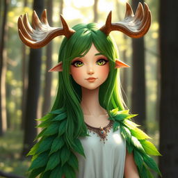 A tall girl with vibrant green hair, adorned with majestic moose horns on her head