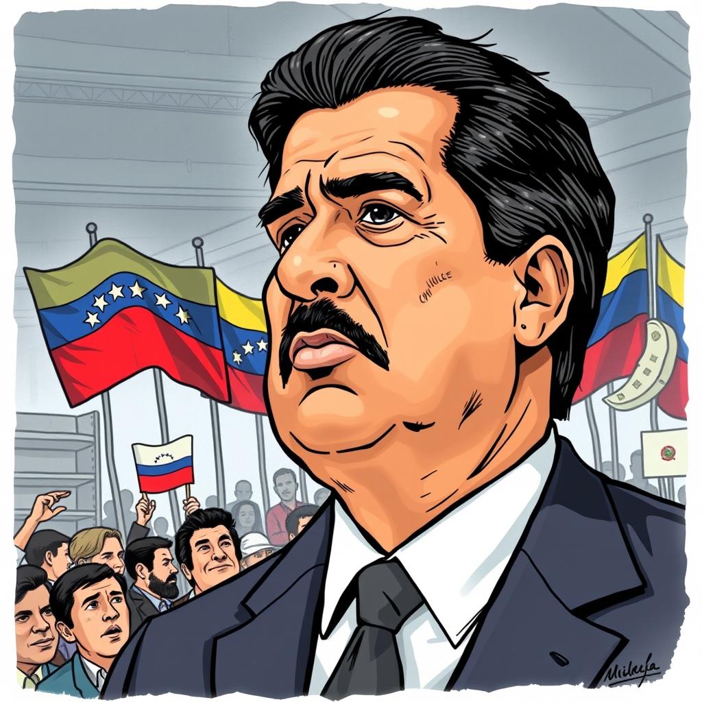 An informative and engaging illustration depicting Nicolás Maduro, the President of Venezuela, in a political setting that reflects the economic crisis and controversies surrounding his leadership