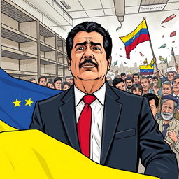 An informative and engaging illustration depicting Nicolás Maduro, the President of Venezuela, in a political setting that reflects the economic crisis and controversies surrounding his leadership