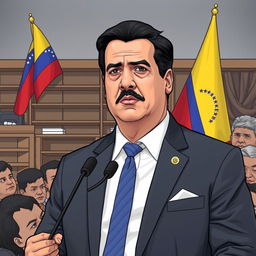 An informative and engaging illustration depicting Nicolás Maduro, the President of Venezuela, in a political setting that reflects the economic crisis and controversies surrounding his leadership