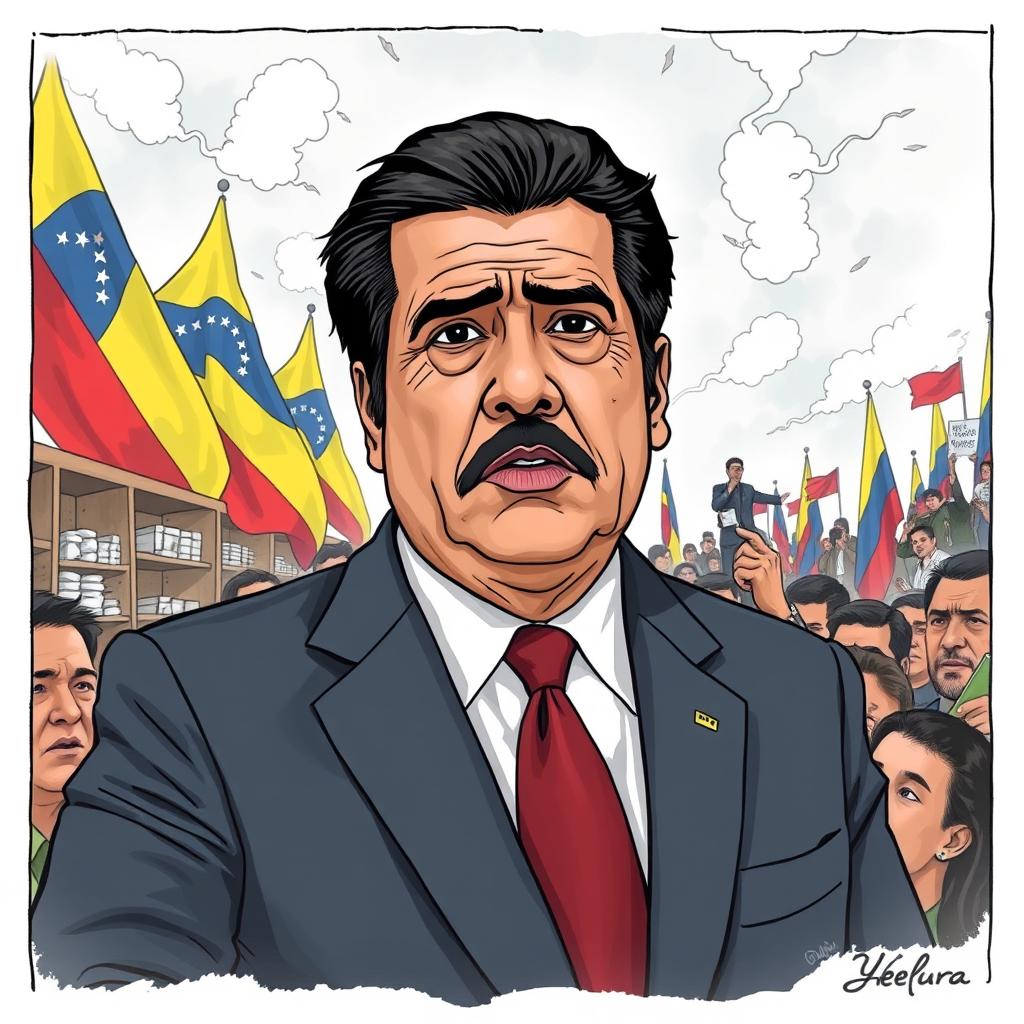 An informative and engaging illustration depicting Nicolás Maduro, the President of Venezuela, in a political setting that reflects the economic crisis and controversies surrounding his leadership