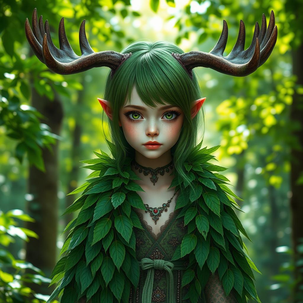 A tall girl with striking green hair styled elegantly, adorned with majestic moose horns