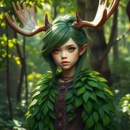 A tall girl with striking green hair styled elegantly, adorned with majestic moose horns