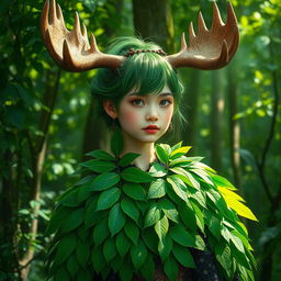 A tall girl with striking green hair styled elegantly, adorned with majestic moose horns