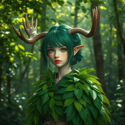 A tall girl with striking green hair styled elegantly, adorned with majestic moose horns