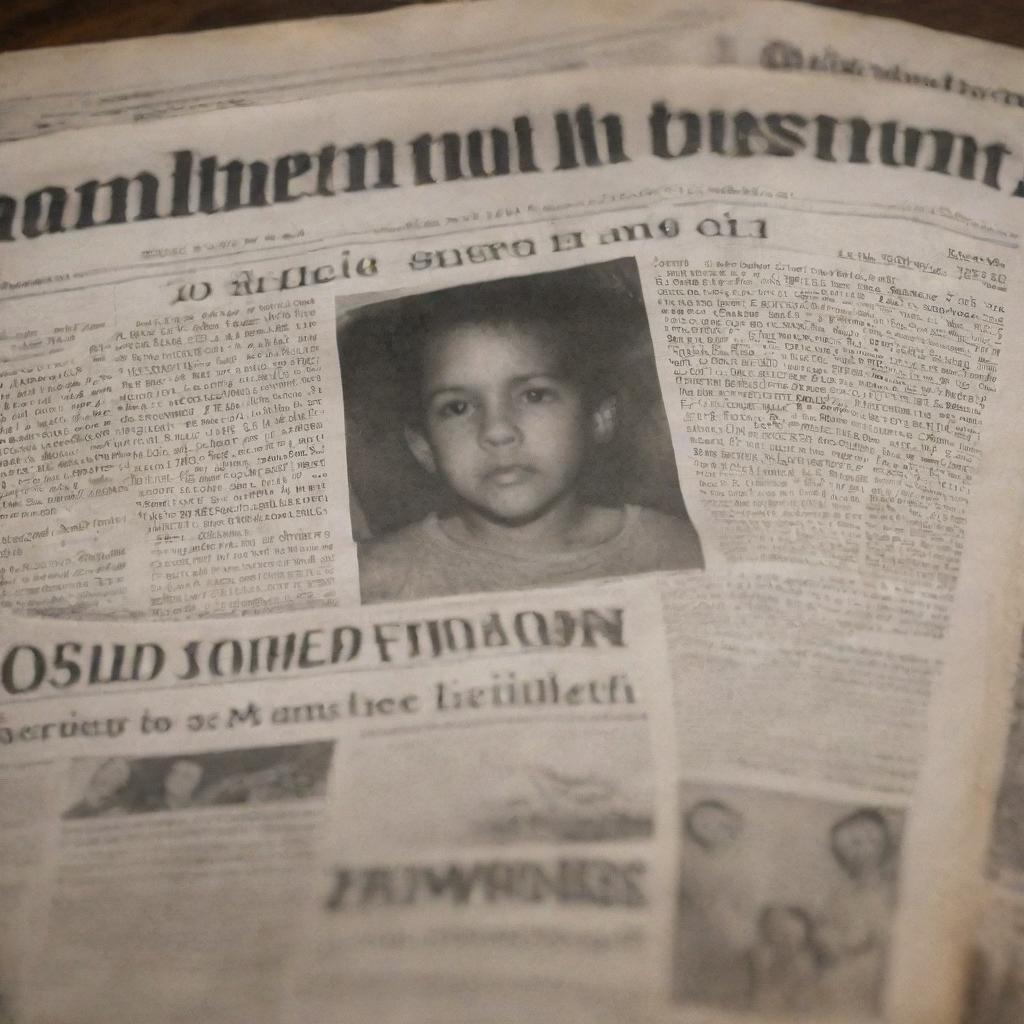 Pieces of newspaper with headline and articles about a child saved from a fire in an old house. Newsprint images evoke a sense of urgency, bravery, and relief.