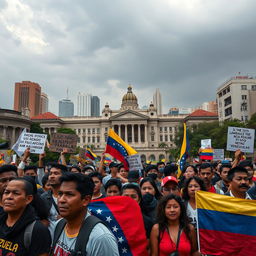 A dramatic and impactful scene depicting the contemporary crisis and controversies in Venezuela under Nicolás Maduro's leadership