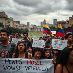 A dramatic and impactful scene depicting the contemporary crisis and controversies in Venezuela under Nicolás Maduro's leadership