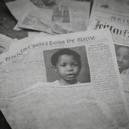 Pieces of newspaper with headline and articles about a child saved from a fire in an old house. Newsprint images evoke a sense of urgency, bravery, and relief.