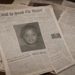 Pieces of newspaper with headline and articles about a child saved from a fire in an old house. Newsprint images evoke a sense of urgency, bravery, and relief.