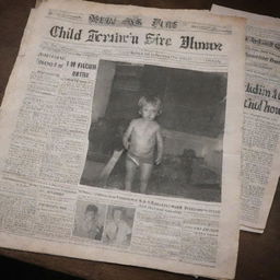 Pieces of newspaper with headline and articles about a child saved from a fire in an old house. Newsprint images evoke a sense of urgency, bravery, and relief.