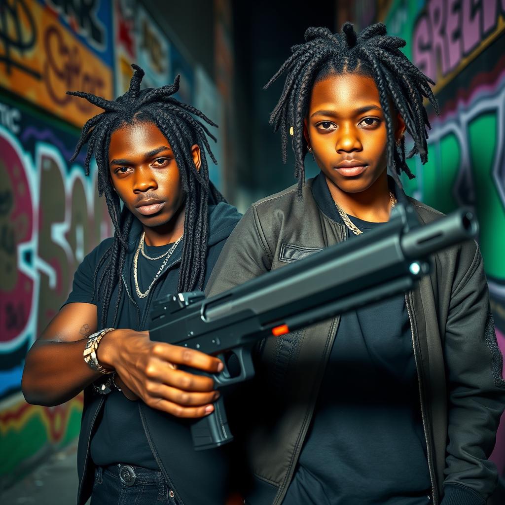 Two Black teenagers, one with braids styled like a trident, confidently holding a large pistol