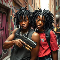 Two Black teenagers, one with braids styled like a trident, confidently holding a large pistol