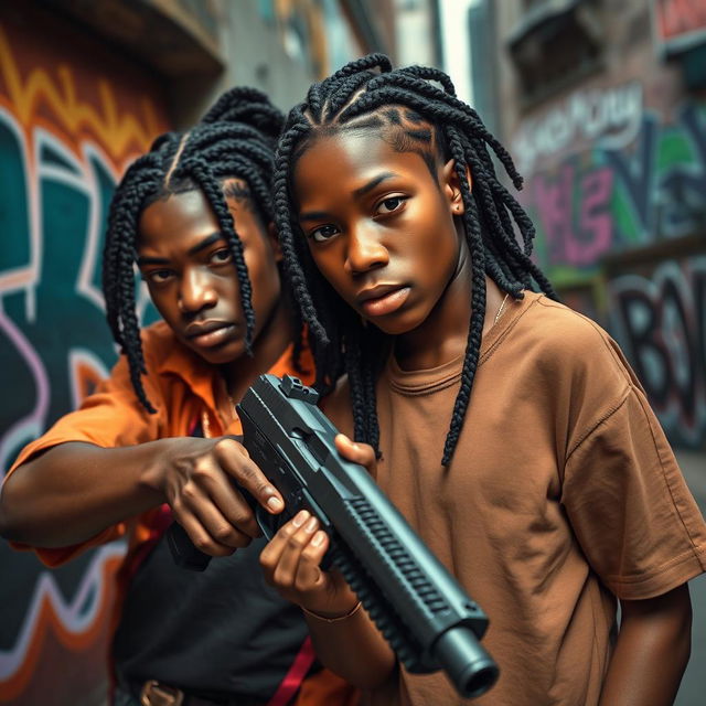 Two Black teenagers, one with braids styled like a trident, confidently holding a large pistol