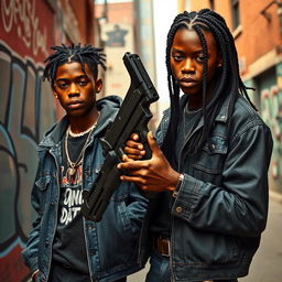 Two Black teenagers, one with braids styled like a trident, confidently holding a large pistol