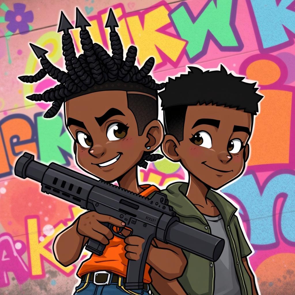 Two black teenage boys, one with a hairstyle featuring braids shaped like a trident, holding a massive pistol, and the other with short hair, illustrated in a vibrant cartoon style