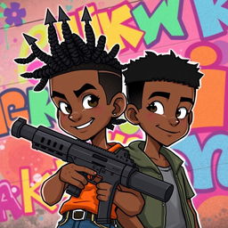 Two black teenage boys, one with a hairstyle featuring braids shaped like a trident, holding a massive pistol, and the other with short hair, illustrated in a vibrant cartoon style