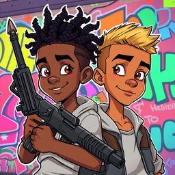 Two black teenage boys, one with a hairstyle featuring braids shaped like a trident, holding a massive pistol, and the other with short hair, illustrated in a vibrant cartoon style