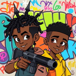 Two black teenage boys, one with a hairstyle featuring braids shaped like a trident, holding a massive pistol, and the other with short hair, illustrated in a vibrant cartoon style