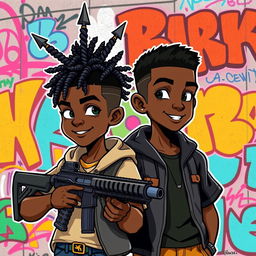 Two black teenage boys, one with a hairstyle featuring braids shaped like a trident, holding a massive pistol, and the other with short hair, illustrated in a vibrant cartoon style