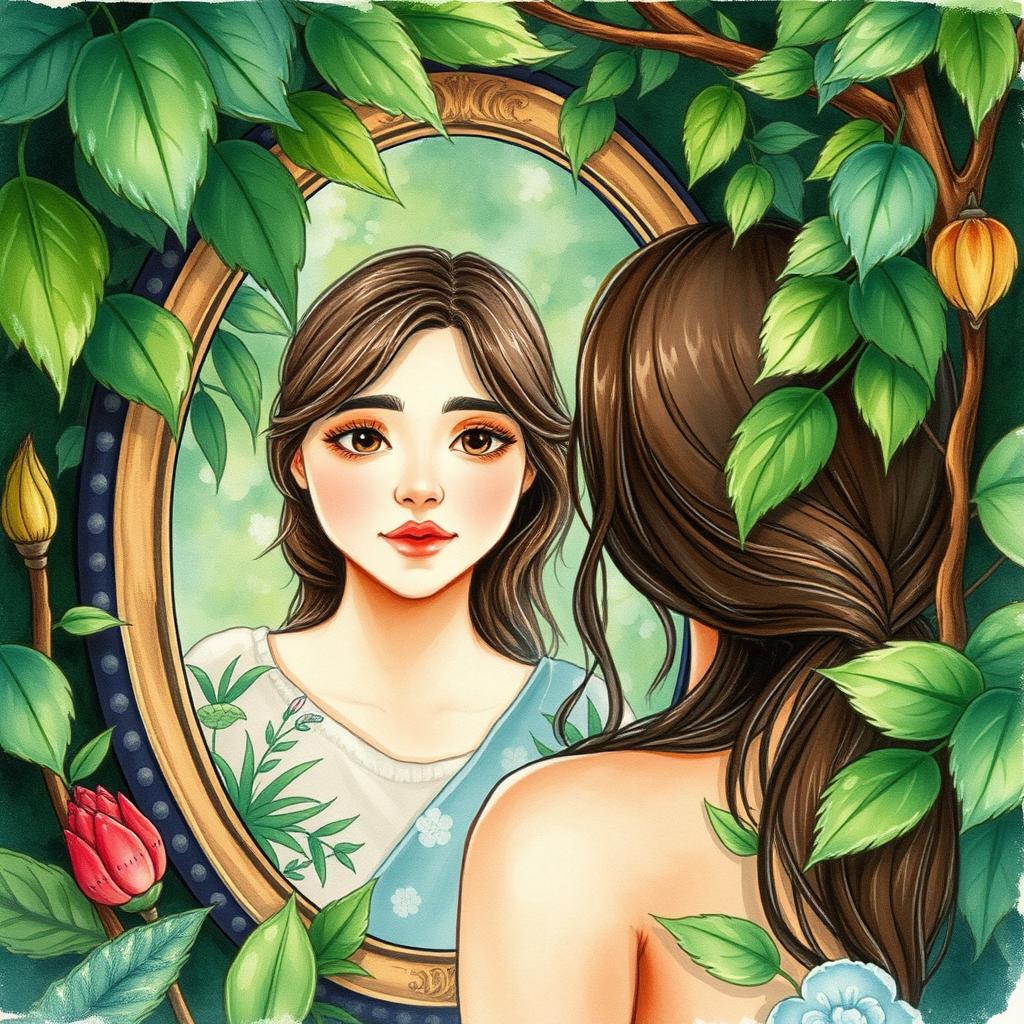 A woman gazing into a mirror surrounded by lush nature, seeing her partner in her reflection