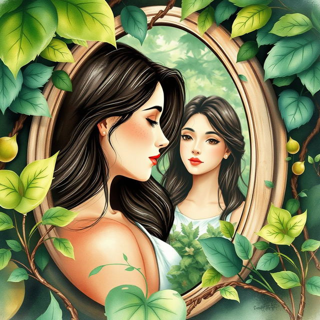 A woman gazing into a mirror surrounded by lush nature, seeing her partner in her reflection