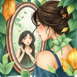 A woman gazing into a mirror surrounded by lush nature, seeing her partner in her reflection