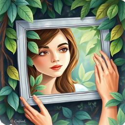 A woman gazing into a mirror surrounded by lush nature, seeing her partner in her reflection