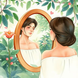 A woman looking at herself in a mirror surrounded by lush nature